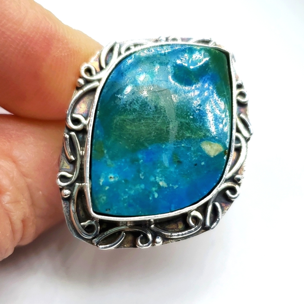 Peruvian Opalina Sterling Silver Ring Artisan Blue Green Stone Size 7 NWT - Picture 3 of 8